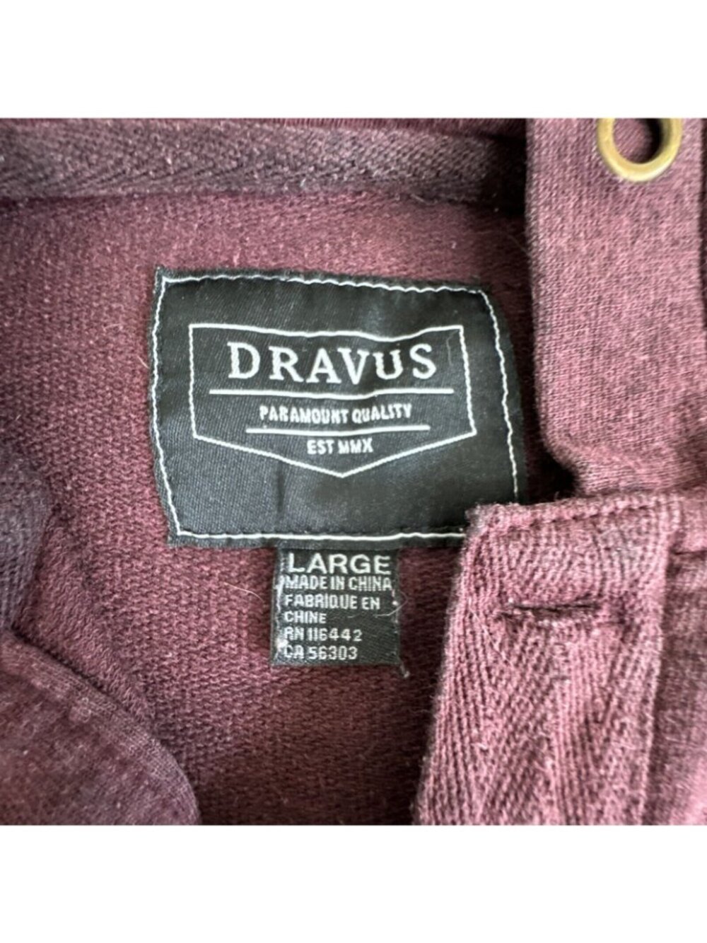 Dravus Mens L Burgundy Pullover Hoodie W/Buttons & Front Pocket Comfort Casual - Picture 2 of 11